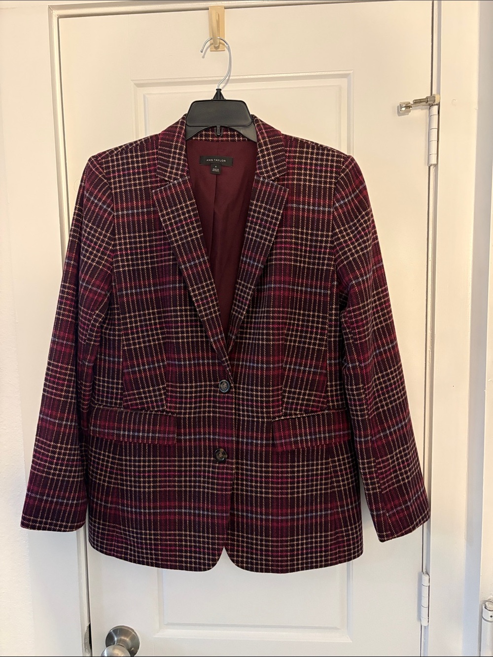 Ann Taylor Burgundy Plaid Tailored Blazer
